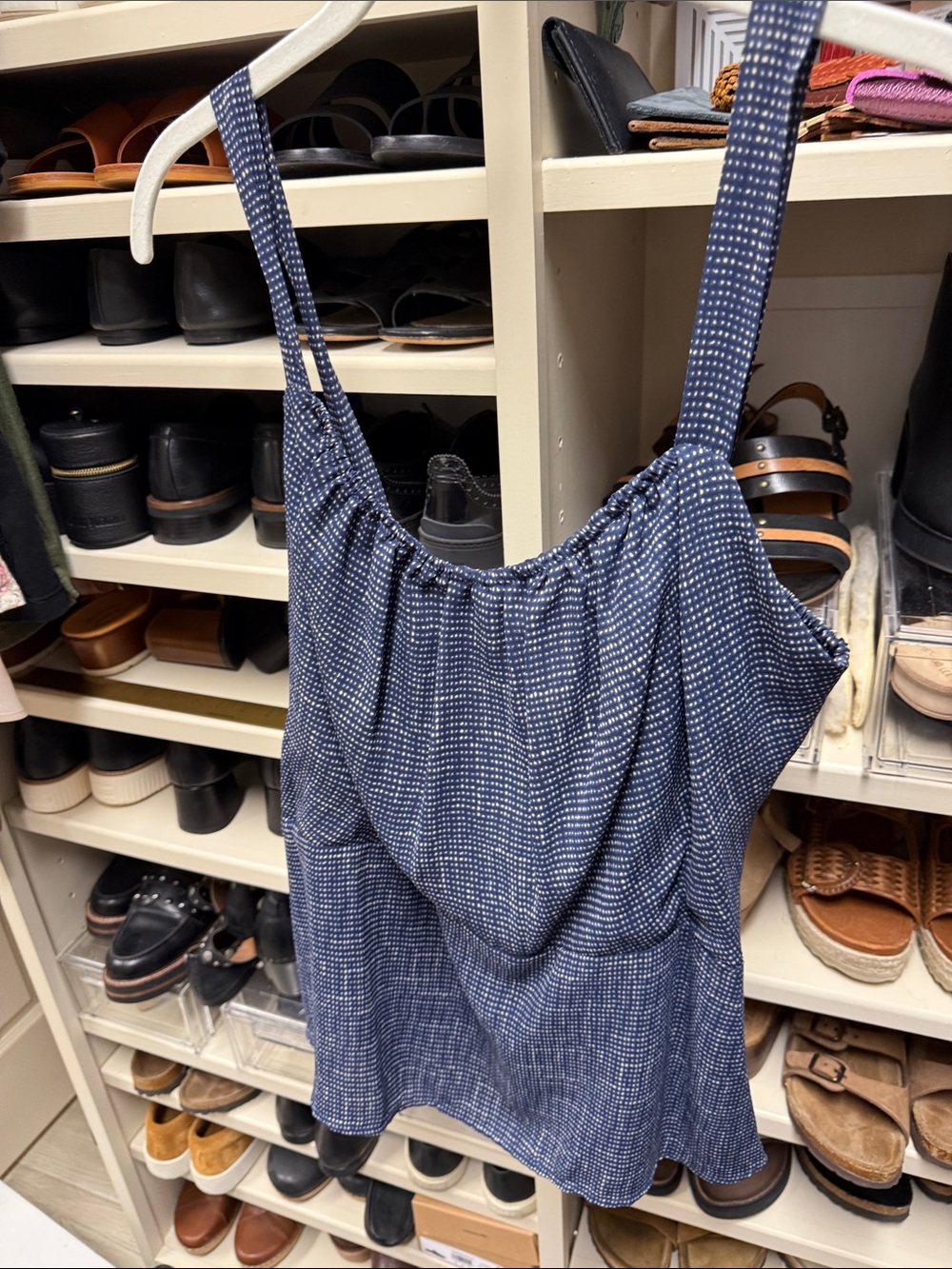CABI Navy Blue White Dotted Peplum textured camisole 403 Tank Top SX 12 NWT